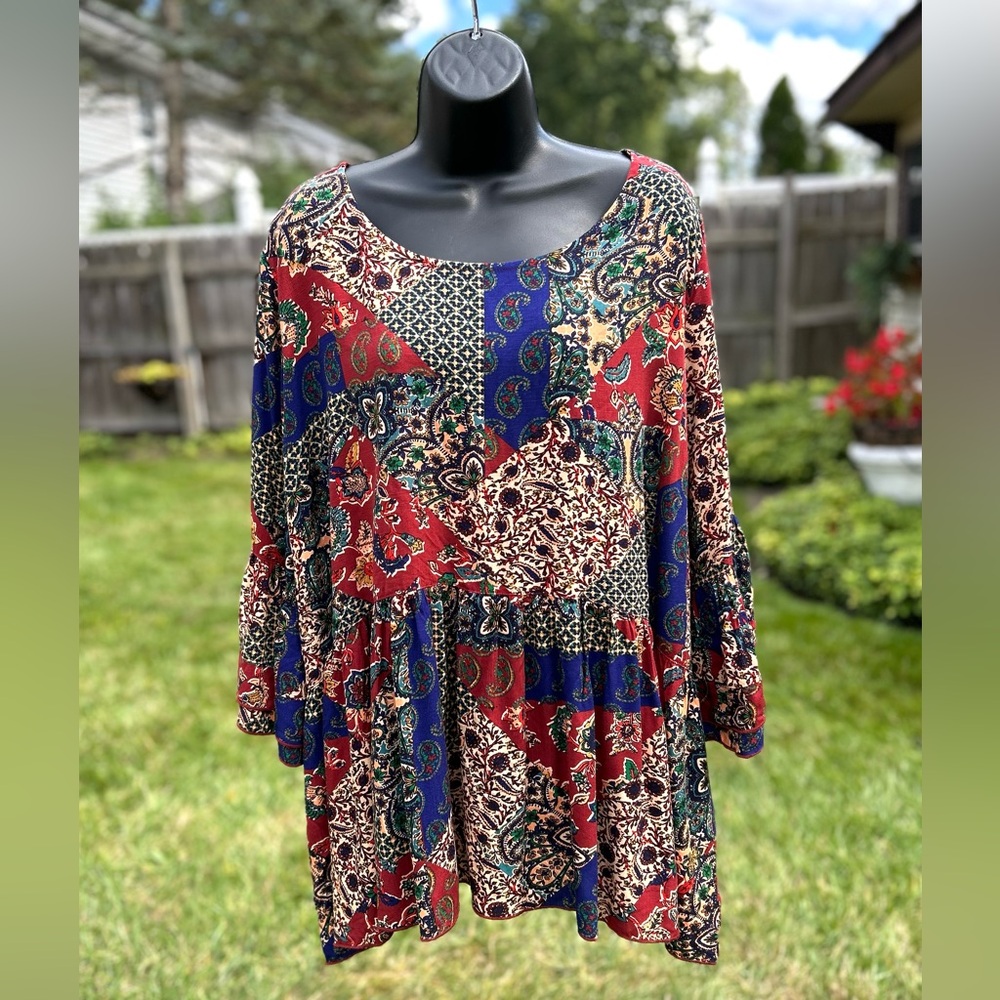 Avenue womens patchwork paisley boho blouse top size 20 peplum‎ flounce sleeve